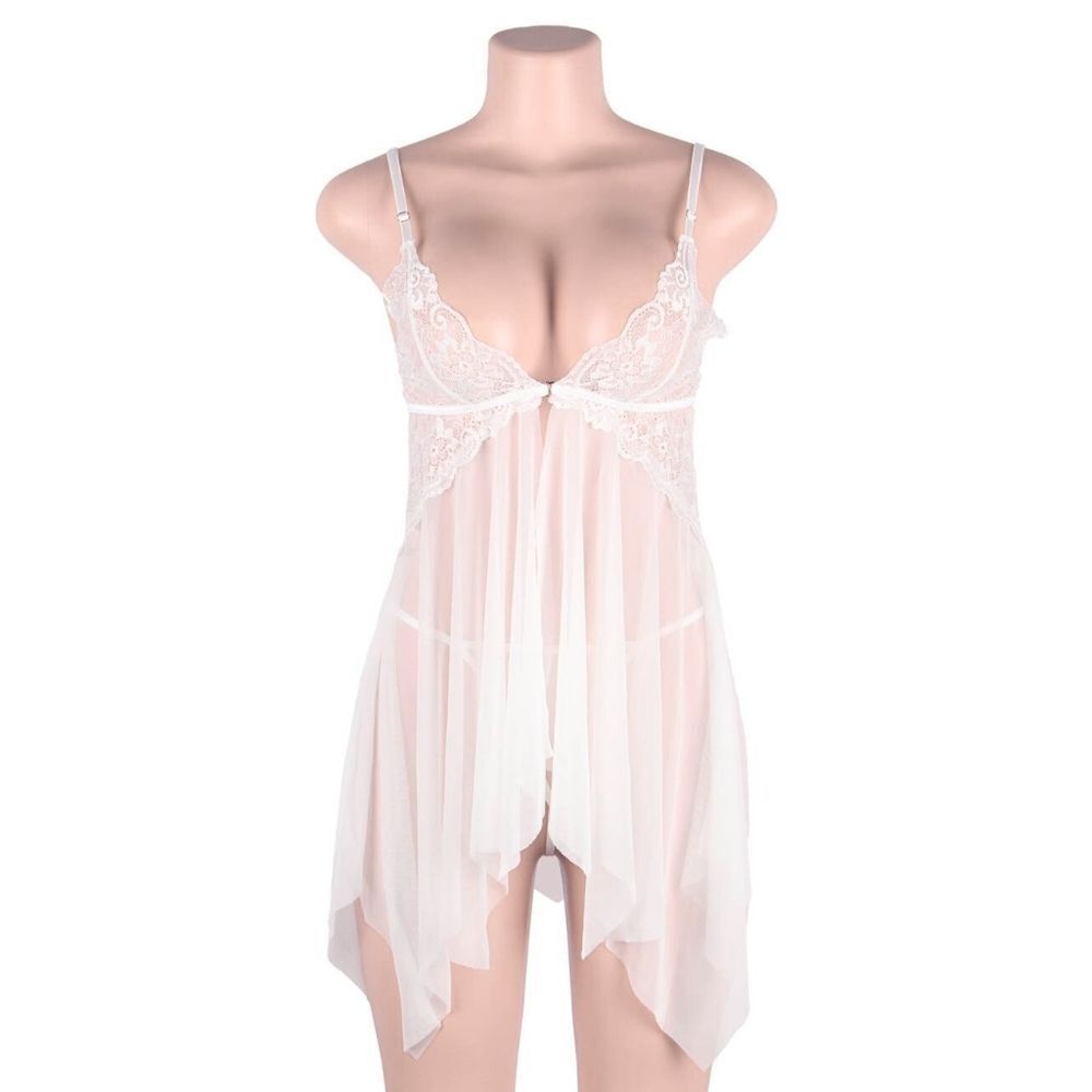 Medium White Sheer V Neck Babydoll Lingerie Nightgown Wedding Slip